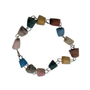 Vintage Multi Color Fluorite Stone Link Bracelet Pastel Rainbow Geometric Beads